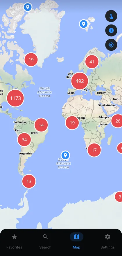 World map showing the available tide stations
